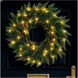24 inch pre - lit wreath with real cedar greenery outdoor door holiday decor timer operated lights brown green color - 1 of 4