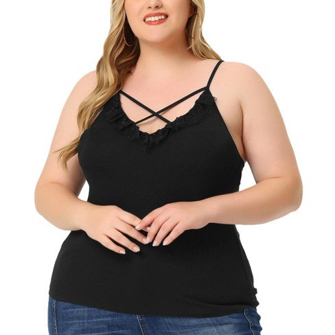 Agnes Orinda Women's Plus Size Tops V Neck Velvet Lace Trim Cami Tank Tops  Black 4X