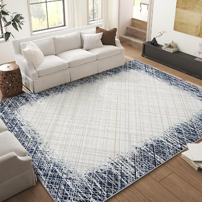 Machine Washable Area Rug, Modern Bordered, Stain Resistant, Non-Slip, Minimalist Accent Rug, Farmhouse Floor Cover, Dining