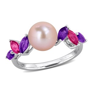 EVERLY JEWELRY | Sterling Silver 8-8.5mm Pink Cultured Freshwater Pearl 1 CT TGW African Amethyst and Pink Topaz Ring - 1 of 4