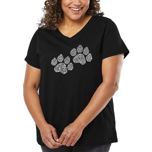 LA Pop Art Women's Word Art V-Neck - Woof Paw Prints - 1 of 4