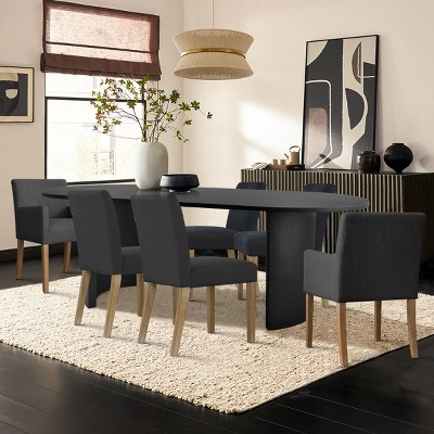 7-Piece Oval Dining Table Set, 79” Wood Pedestal Table,4 Upholstered Armless Chairs,2 Armchairs, Modern Dining Room Furniture-Maison Boucle