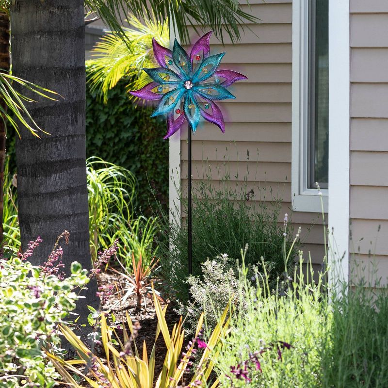 64&#34; Jeweled Colorful Metal Dual Floral Wind Spinner Garden Stake Aqua/Purple - Alpine Corporation, 3 of 8