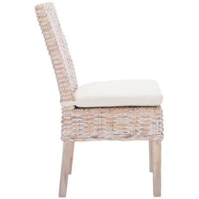 White Upholstered Rattan Side Chair with Natural Wood Legs