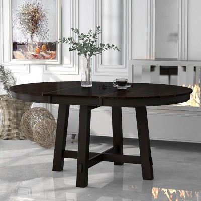 Farmhouse Dining Tables That Extend, 16" Leaf Wood Dining Tables Modern, Dining Tables Round Extendable With X-Shaped Base-Cuddlewood