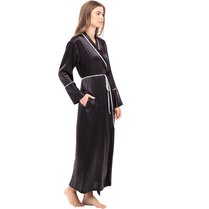 Women's Long Satin Robe with Contrast Piping- Tie Belt, Pockets, Full Length, 3 of 6