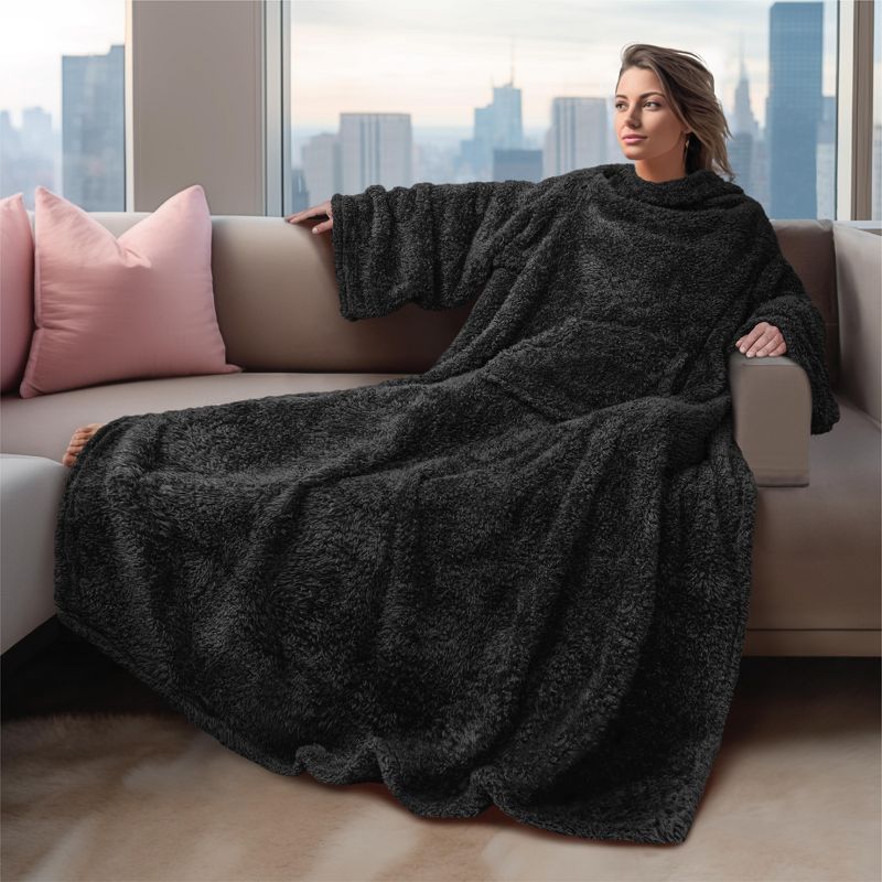 PAVILIA Fluffy Wearable Blanket with Sleeves for Women Men Adults, Fuzzy Warm Plush Snuggle Pocket Sleeved TV Throw, 2 of 10