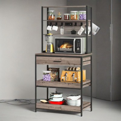 PDTEND 5-Tier Kitchen Baker’s Rack with Power Outlets, Drawer, Sliding Shelves & Freestanding Coffee Bar