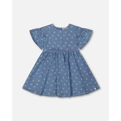 Deux par Deux Girl Printed Chambray Dress Blue and White Cherries