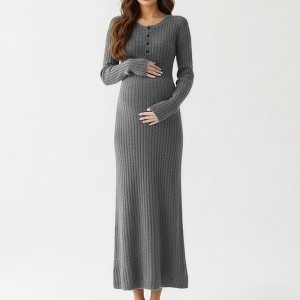 Anna-Kaci Women’s Ribbed Knit Maternity Maxi Dress with Long Sleeves Soft Stretch Fabric and Flattering Button Front Detail - 1 of 4