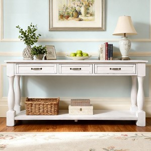 Hostack 63'' Long Wood Console Table with 3 Drawers and 1 Bottom Shelf for Entryway and Hallway, Antique White - 1 of 4