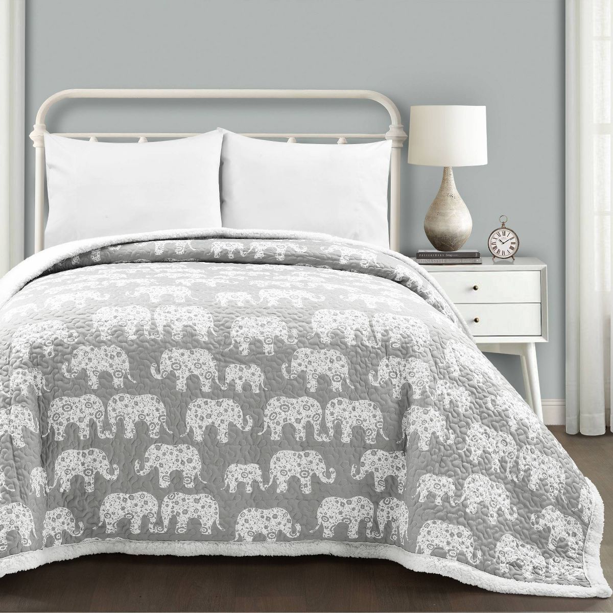 Full/Queen Elephant Parade Faux Shearling Kids' Blanket Gray - Lush Décor