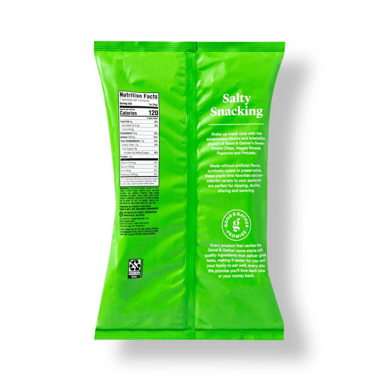 Green colored chip bag with "Salty Snacking" text and a nutrition facts label showing 120 calories.