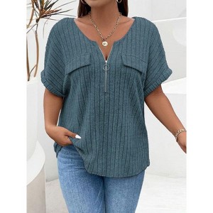 Coolmee Women's Plus Size Top Short Sleeve Blouses Zip-up V Neck Top Womens Casual Work Shirt - 1 of 2