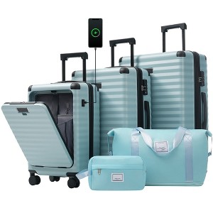 Whisen 5-Piece ABS Luggage Set with 3 Different Size Front Opening Suitcases and 2 Toiletry Bags, USB Port, Cup Holder, TSA Lock - 1 of 4
