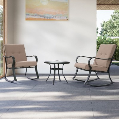Sonkuki 3-Piece Rocking Chair Patio Bistro Set with Tempered Glass Table