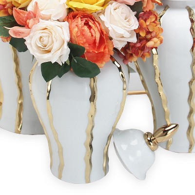Gulches Elegant White Ceramic Ginger Jar with Gold Accents - Timeless Decor