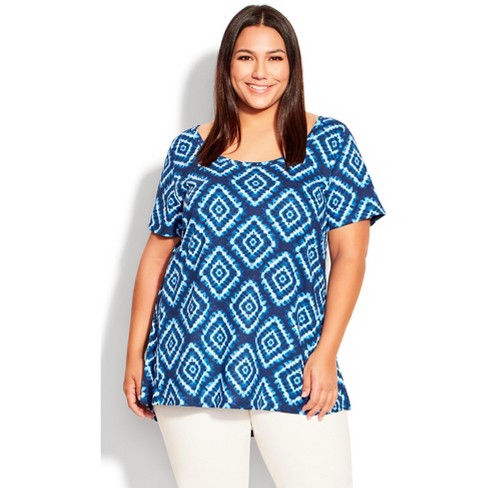 AVENUE | Women's Plus Size Swing Trim Print Top - blue tie dye - 14W