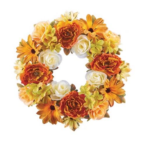 Collections Etc Artificial Orange & Gold Flowers Of Fall Door Wreath 17 ...