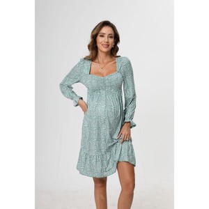 A heart-shaped collar long sleeved printed short maternity dress with leopard green print (print) Leopard green print_XL - 1 of 4