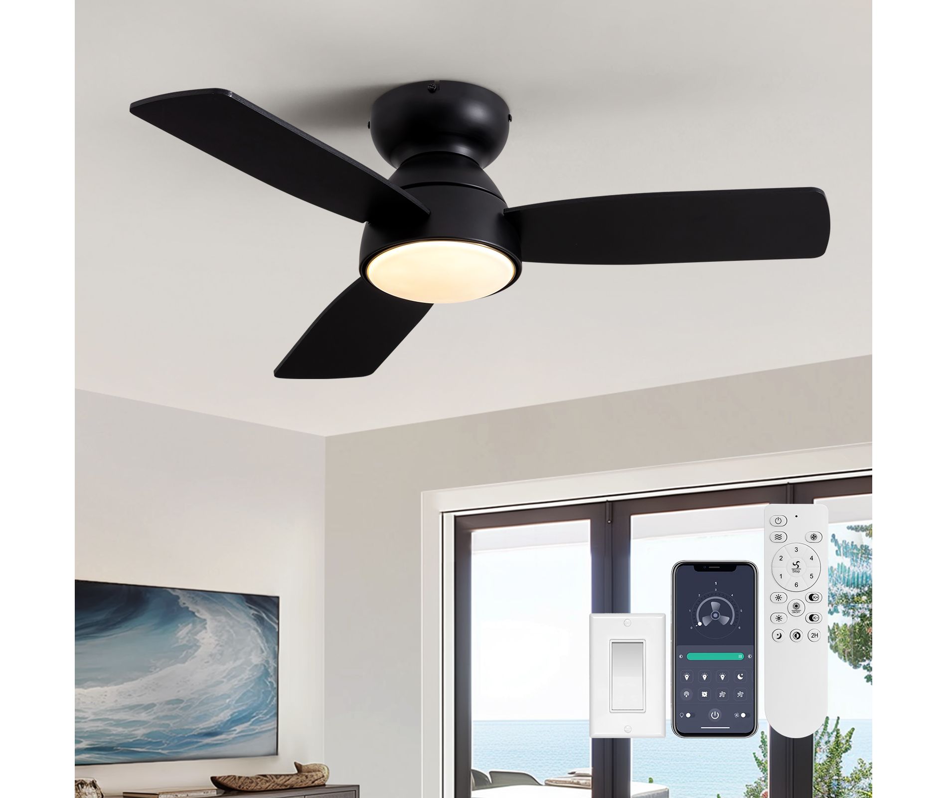 Ludomide 32 Inch Modern Dimmable LED Ceiling Fan With Light And Remote/APP Control, Smart Black Low Profile Flush Mounted Fan Lights Ceiling Fixtures