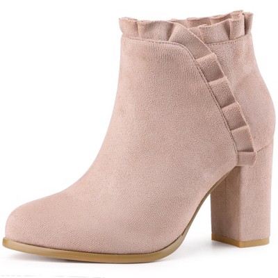 Perphy Women's Ruffle Round Toe Zippered Chunky High Heel Ankle Boots