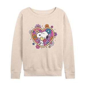 Women's - Peanuts - Hug Heart Flower Lightweight French Terry Wide Neck Long Sleeve Shirt - 1 of 4