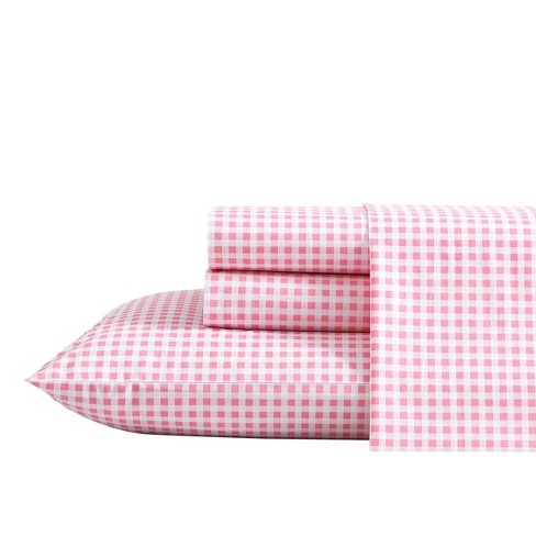 Twin XL Printed Pattern Percale Cotton Sheet Set Pink Gingham - Poppy &  Fritz