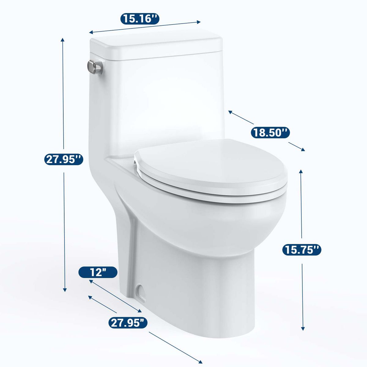 Durable Elongated One-Piece Commercial Toilet – Dual Flush 0.8/1.28 GPF, Soft-Close V-Cover Seat, Left-Hand Trip Lever, 12-Inch Rough-In - thumbnail 7