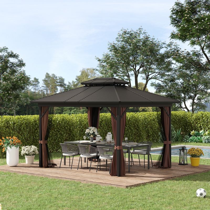 Outsunny Hardtop Gazebo with Curtains and Netting, Permanent Pavilion Metal Roof Gazebo Canopy with Aluminum Frame and Top Hook, 3 of 8