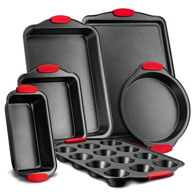 Nutrichef Kitchen Oven Non Stick Gray Coating Carbon Steel 3 Piece Cookie  Sheets Bakeware Set With Heat Resistant Red Silicone Handles : Target