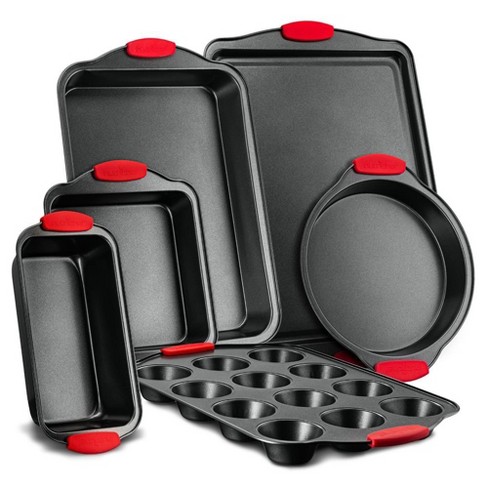 NutriChef 6-Piece Nonstick Bakeware Set - Carbon Steel Baking Tray Set w/  Heatsafe Red Silicone Handles, Oven Safe Up to 450°F, Loaf Muffin