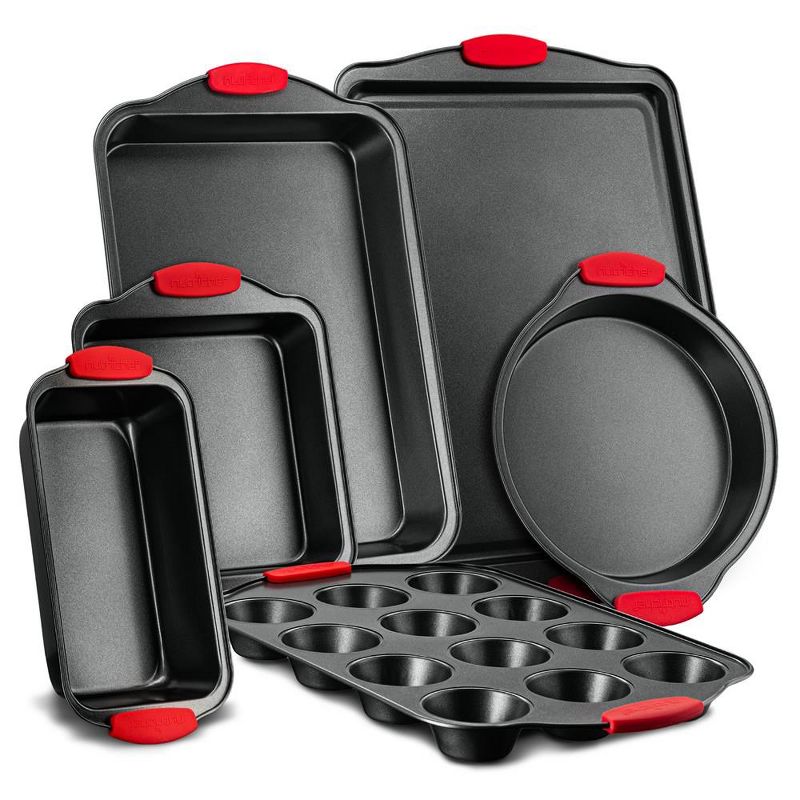 NutriChef 6-Piece Nonstick Bakeware Set - Carbon Steel Baking Tray Set w/ Heatsafe Red Silicone Handles, Oven Safe Up to 450°F, Loaf Muffin, 1 of 4