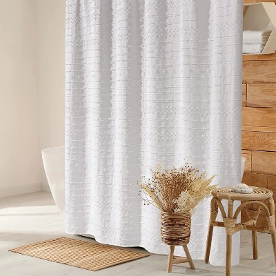 LunaLulinlk White Shower Curtain Boho Textured Tufted Striped Shower Curtain Polyester 72" x 72"
