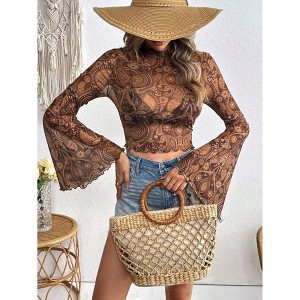 Women's Heart Sheer Mesh Long Sleeve Top Elastic Skinny Crop Turtleneck T-Shirts Flare Sleeve Beach Tops - 1 of 4