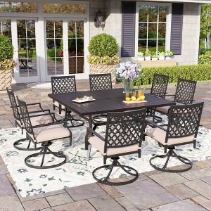 Captiva Designs 9pc Spacious Slat-top Square Metal Table with Umbrella Hole & Swivel Steel Chairs with Mesh Back - 1 of 4