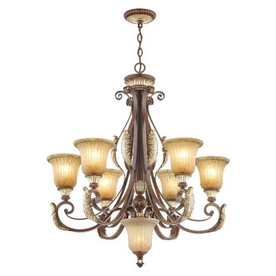 Verona Bronze & Aged Gold Leaf 7-Light Rustic Art Glass Chandelier