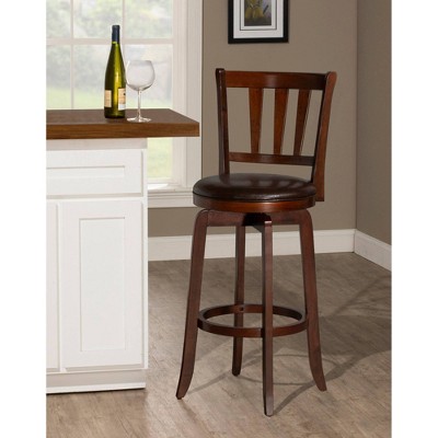 Cherry Wood Swivel Barstool with Brown Leather Seat