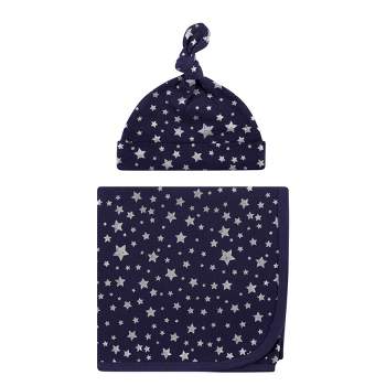 Hudson Baby Infant Swaddle Blanket and Cap or Headband, Silver Navy Stars, One Size