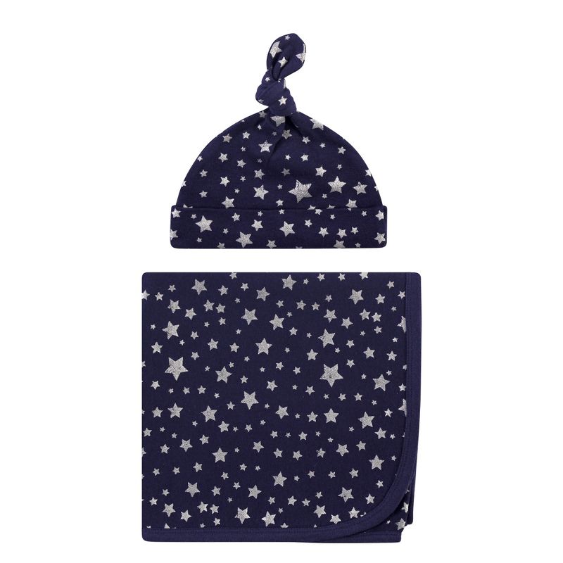 Hudson Baby Infant Swaddle Blanket and Cap or Headband, Silver Navy Stars, One Size, 1 of 4