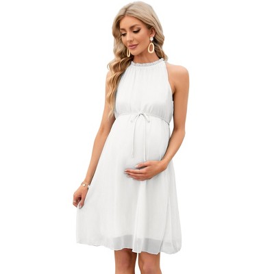 Women's Maternity Halter Neck Dress Casual Summer Ruffle High Waisted Sleeveless Midi Dress For Photoshoot Baby Shower