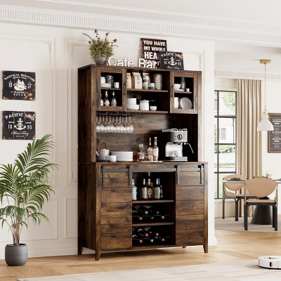 70'' Wine Coffee Bar Cabinet with Sliding Barn Door, Tall Sideboard Buffet with Wine Rack, Glass Holder, for Dining Room, Home Bar