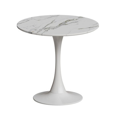 Vynxaria Dining Tables - 31.4" Round White Marble Pattern Tulip Table with Metal Base, Seats 2-3
