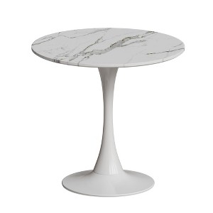 Vynxaria Dining Tables - 31.4" Round White Marble Pattern Tulip Table with Metal Base, Seats 2-3 - 1 of 4