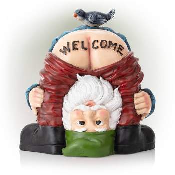 22" Mooning "Welcome" Gnome with Bird Polyresin Statue Outdoor - Alpine Corporation