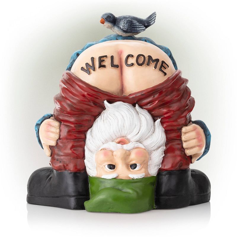 22&#34; Mooning &#34;Welcome&#34; Gnome with Bird Polyresin Statue Outdoor - Alpine Corporation, 1 of 9