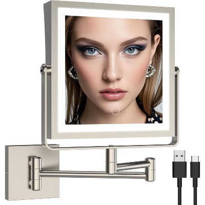 Rechargeable Wall Mounted Makeup Mirror Touch Screen Dimmable, 360° Rotation Extension Foldable Arm