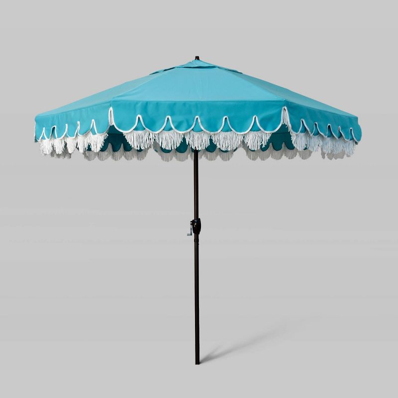9' Sunbrella Scallop Base and Fringe Market Patio Umbrella with Auto Tilt - Bronze Pole - California Umbrella, 1 of 5