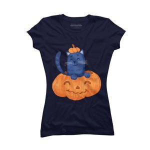Junior's Design By Humans Halloween Cat In A Pumpkin By wubbadub T-Shirt - 1 of 3