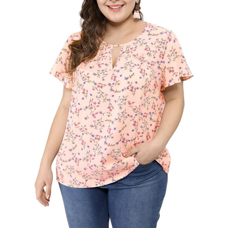 Agnes Orinda Women's Plus Size Keyhole Floral Chiffon Short Flared Sleeve Summer Trendy Peasant Tops, 1 of 9